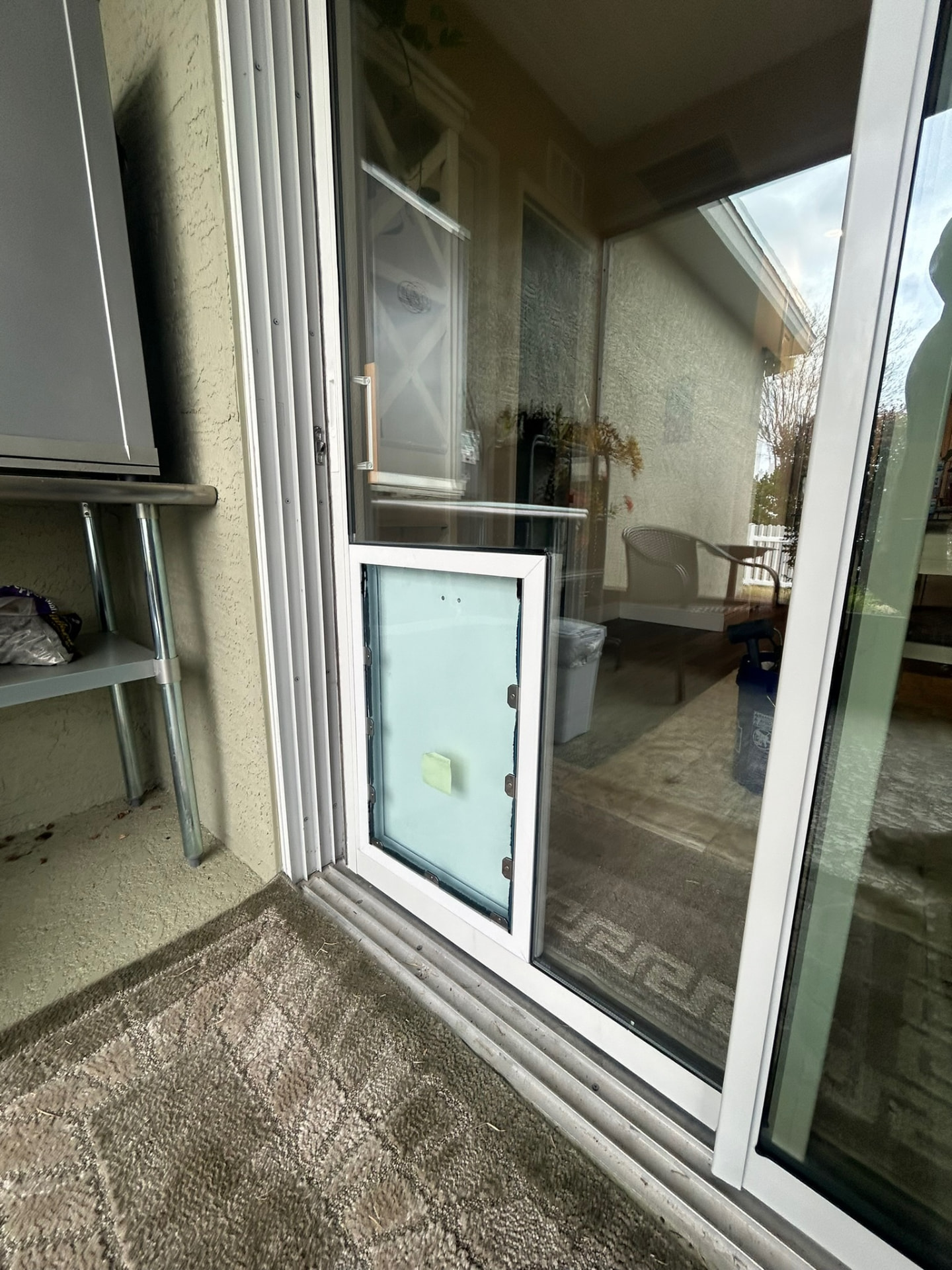In-glass pet door fitted into a sliding glass door panel, viewed from inside with the bottom track clear
