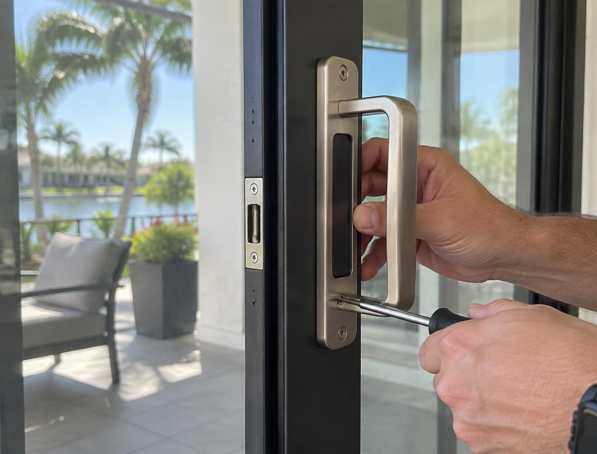 New sliding glass door handle set installed on a patio door