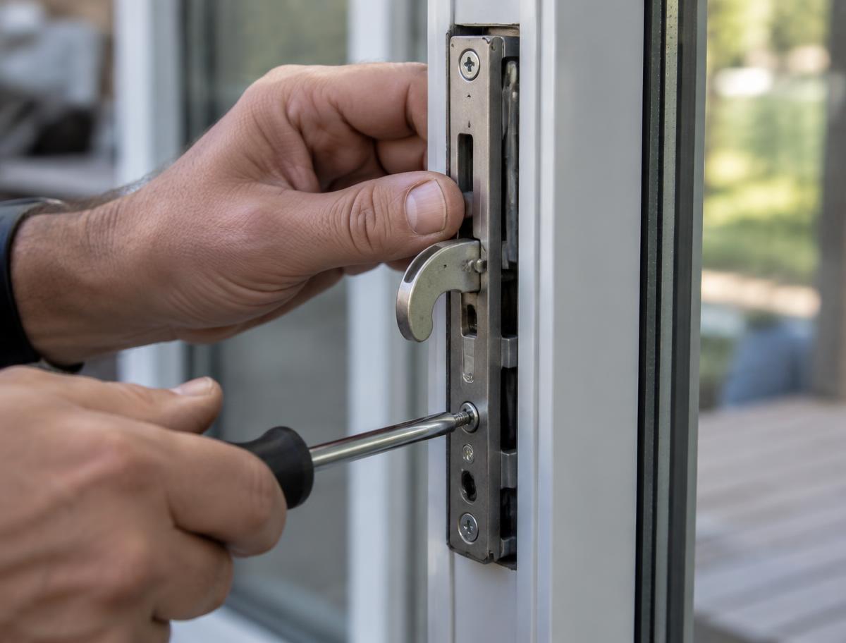 Technician replacing the SGD lock in a sliding glass door